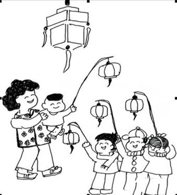 Simple drawing pictures of children celebrating Lantern Festival happily