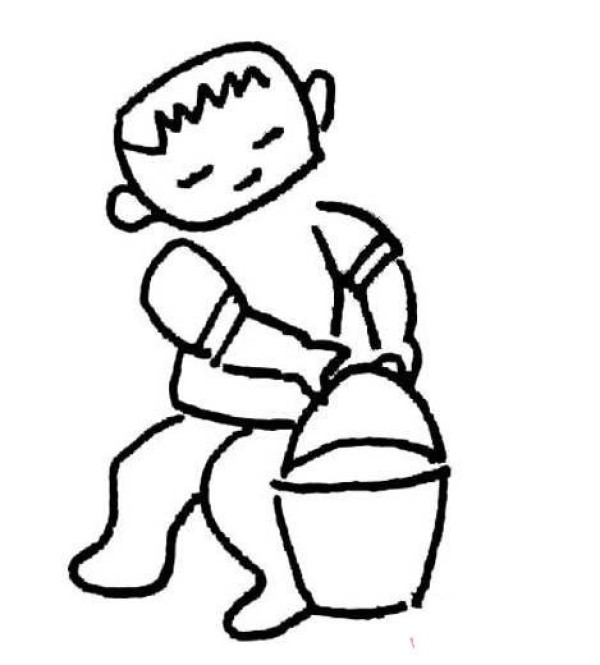 Childrens simple drawing: boy carrying water