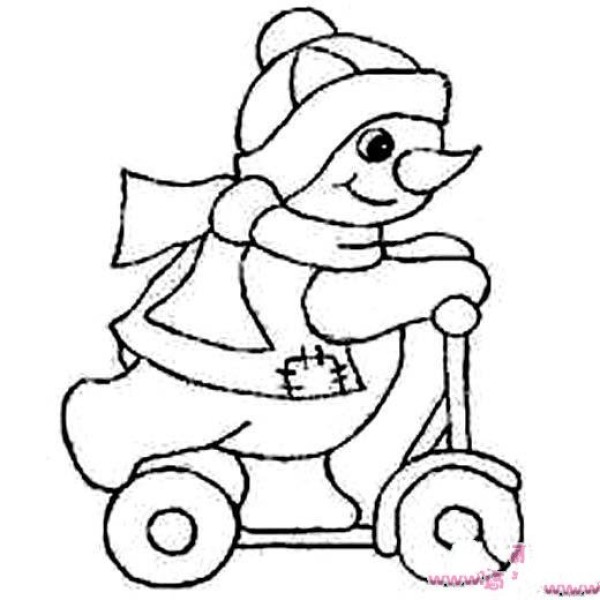 Simple drawing of cartoon cute snowman: snowman riding a pulley