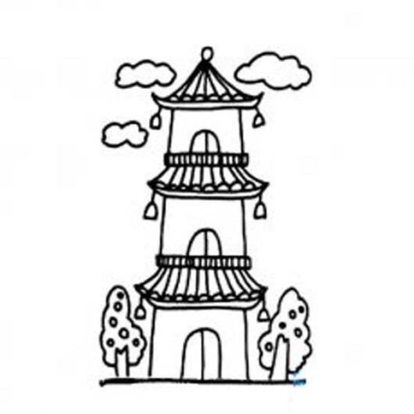 Childrens simple drawing picture of beautiful three-story tower