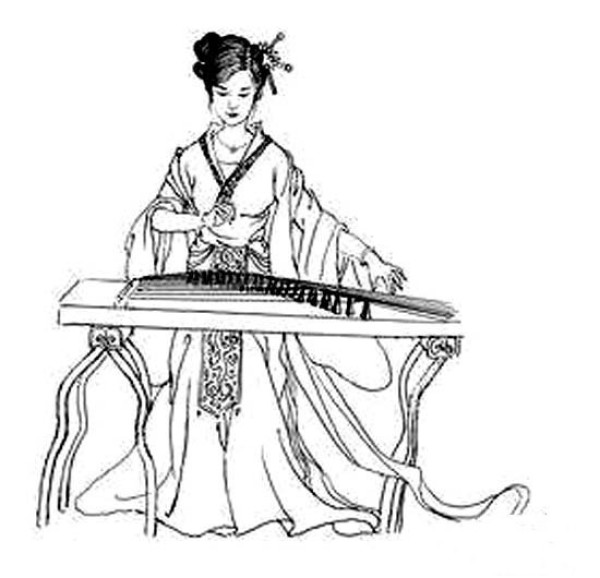 Simple drawing picture of beautiful woman in ancient costume playing guzheng