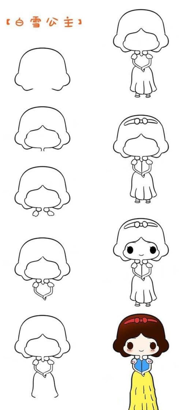 Q version cartoon Snow White simple drawing step by step: How to draw Snow White