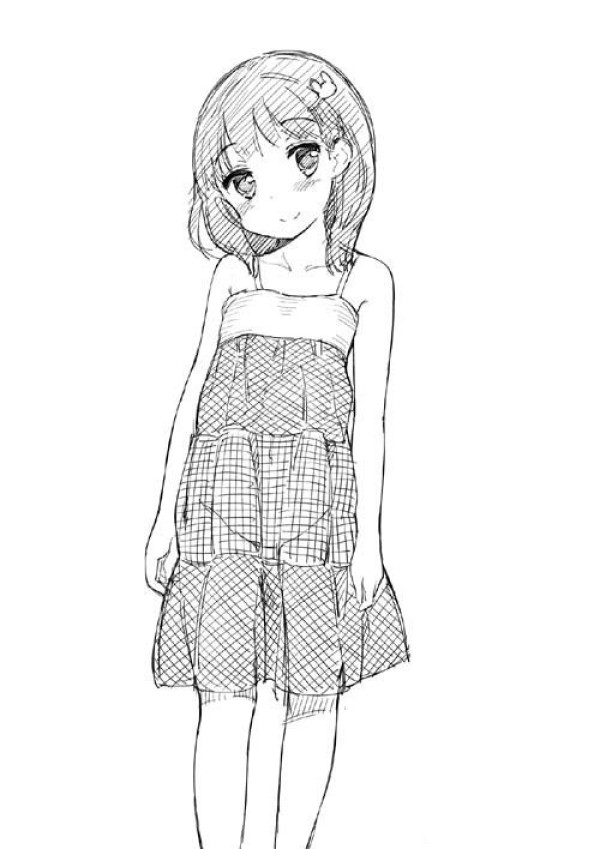 Simple drawing picture of a young girl wearing a suspender skirt