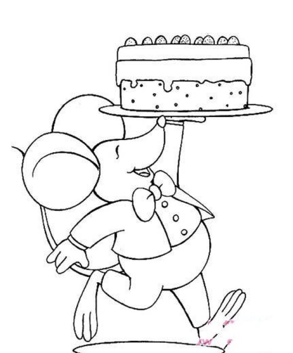 Cartoon mouse simple drawing: mouse lifting cake