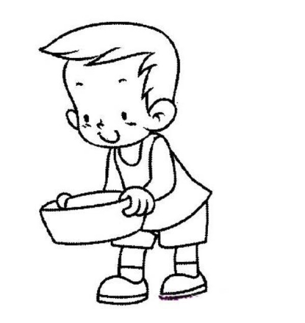 Simple drawing of little boy: boy holding washbasin