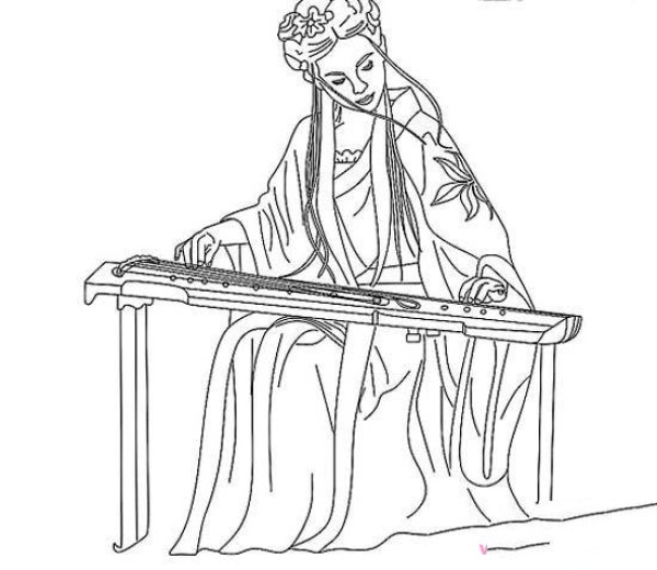 Simple drawing picture of girl playing guzheng