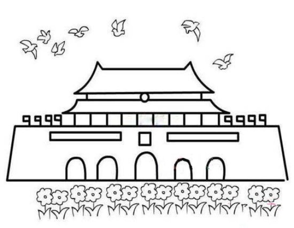 Kindergarten National Day simple drawing pictures: Tiananmen Square surrounded by flowers