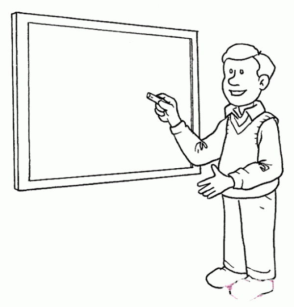 Simple figure drawing: young male primary school teacher in class