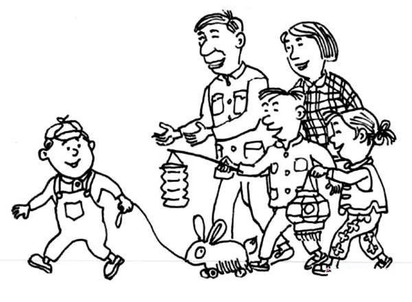 Lantern Festival themed simple drawing: A family celebrates the Lantern Festival happily