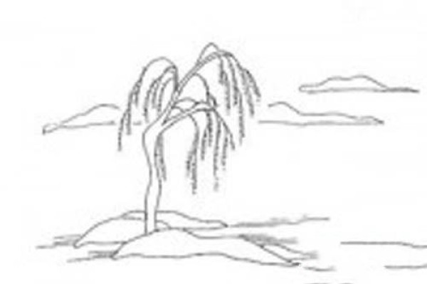 Landscape simple drawing: willow tree by the river