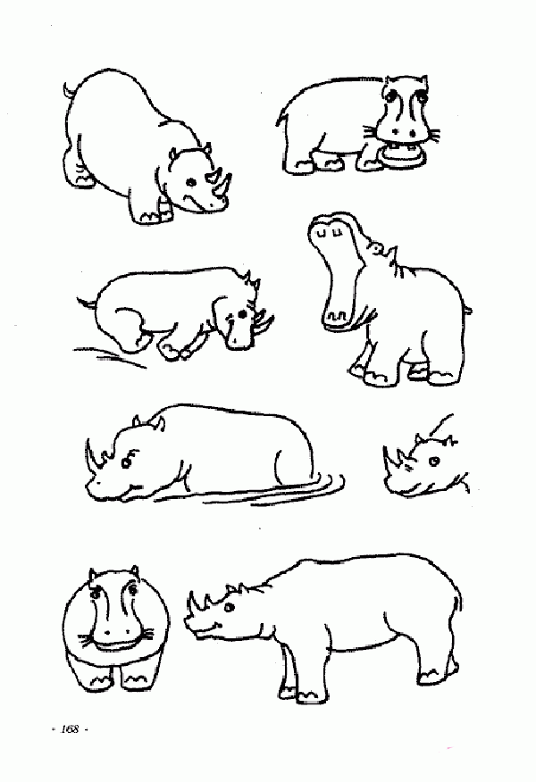 A collection of simple drawing pictures of rhino in various postures