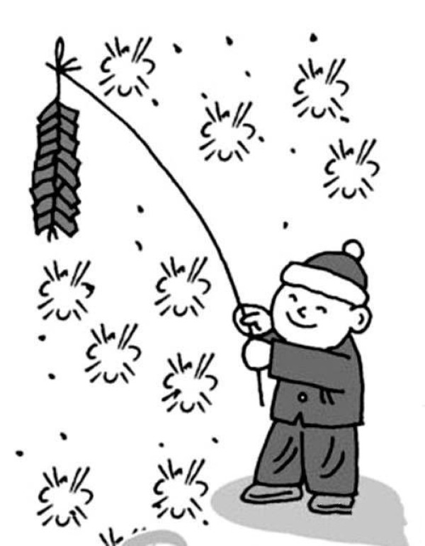 Simple drawing of Spring Festival scene: boy setting off firecrackers