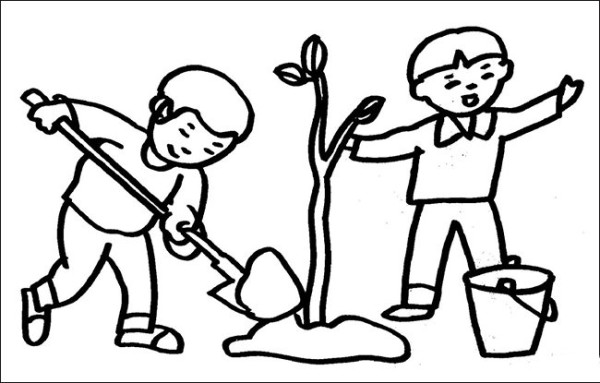 Simple drawing of two children planting trees