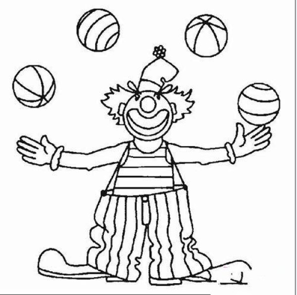 Childrens simple drawing pictures of clowns: clown performing with ball