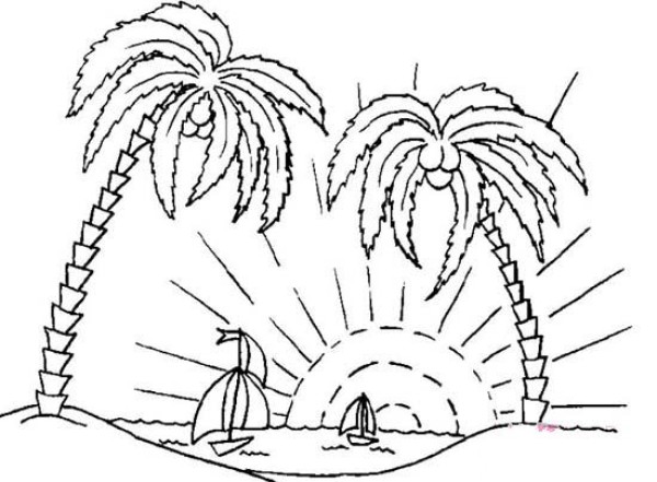 Simple drawing of coconut tree scenery on the seaside