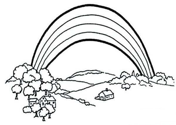 Childrens simple drawing pictures of scenery: Village under the rainbow