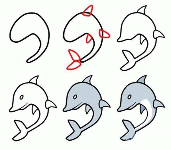 Simple drawing method of coloring dolphins