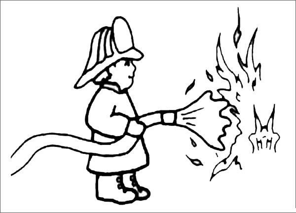 Simple drawing of firefighter putting out fire