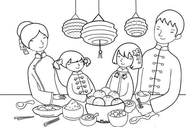 Childrens simple drawing pictures of Spring Festival: Eating New Years Eve dinner