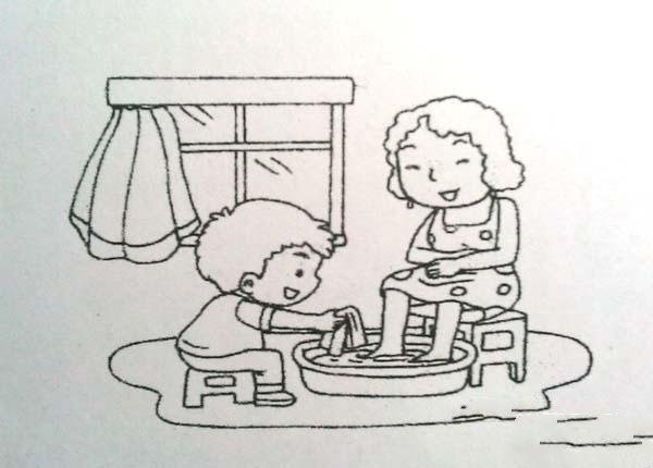 Primary school students' simple drawings with the theme of Womens Day: I help my mother wash her feet