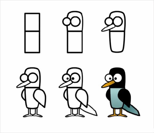 How to draw a cartoon bird with simple strokes