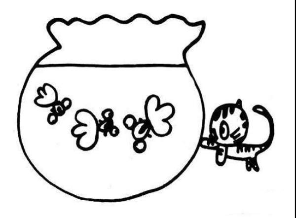 Childrens simple drawing: kitten playing with goldfish in fish tank