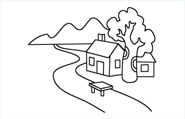 Simple drawing picture of small house by the river