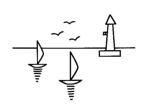 Simple strokes of landscape: sailing ship, lighthouse, petrel