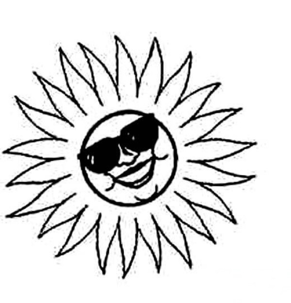 Simple drawing of cartoon sun: sun wearing sunglasses