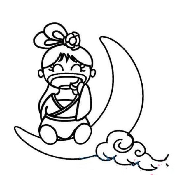 Cute simple drawing pictures of Chang'e: Chang'e sitting on the moon