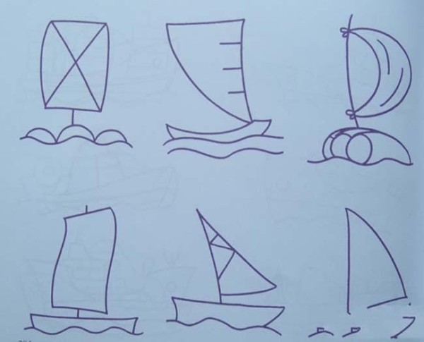 A complete collection of simple drawings of various sailboats for children (6 types)