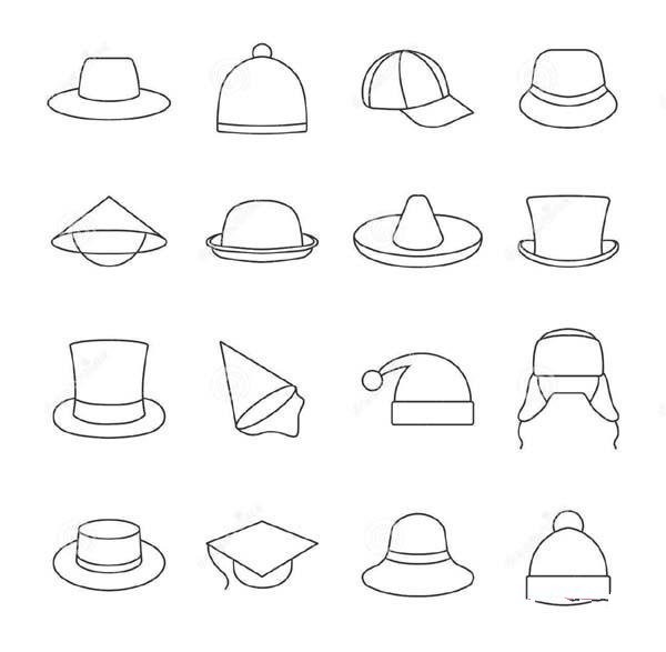 A complete collection of simple drawing pictures of various hats