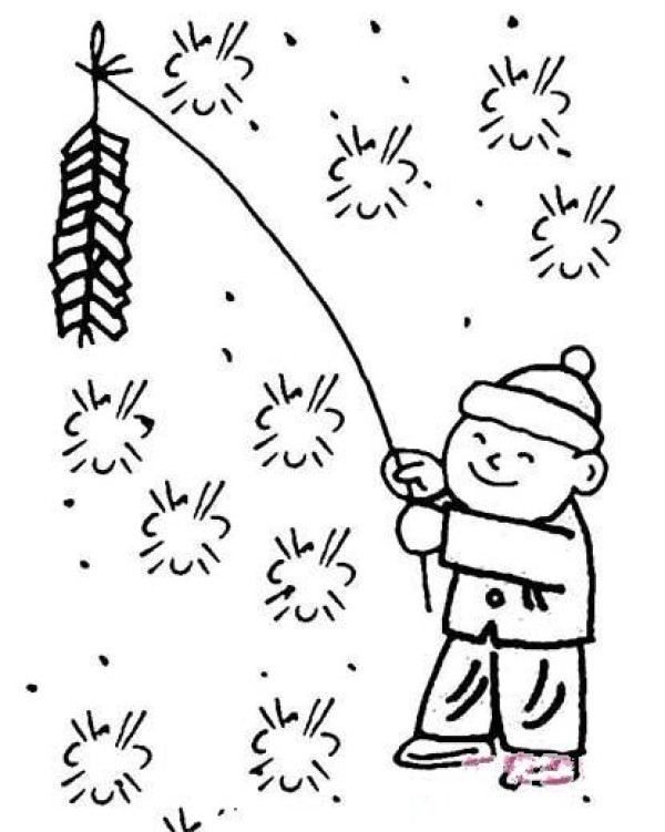 Simple drawing of boy setting off firecrackers during Spring Festival