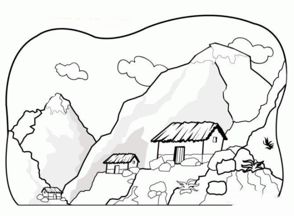 Simple drawing of house on the mountain