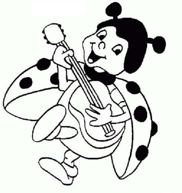 Cartoon simple drawing: seven-star ladybug playing guitar