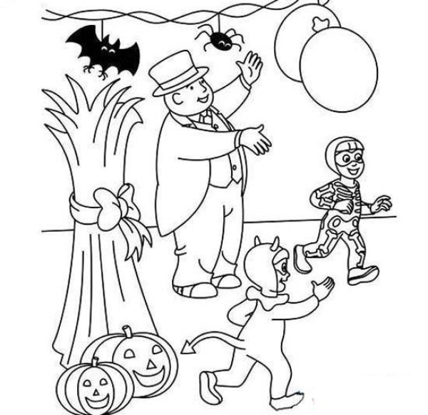 Simple drawing pictures of elementary school students' Halloween masquerade party