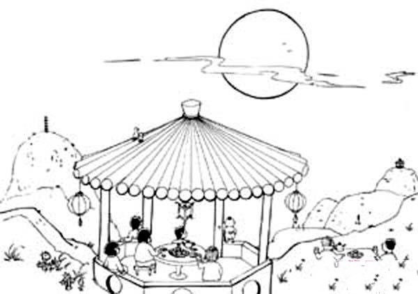 Simple drawing pictures of Mid-Autumn Festival theme scenes: admiring the moon in a pavilion in the mountains