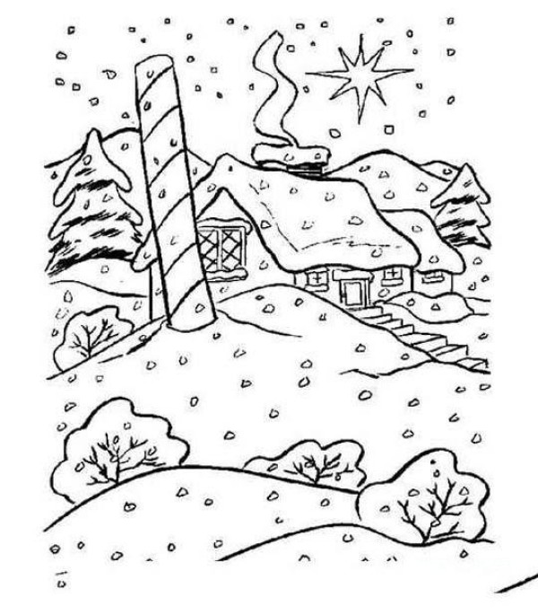 Simple drawing of house in winter snow