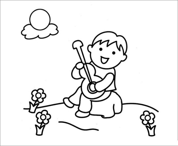 Simple drawing of little boy playing guitar