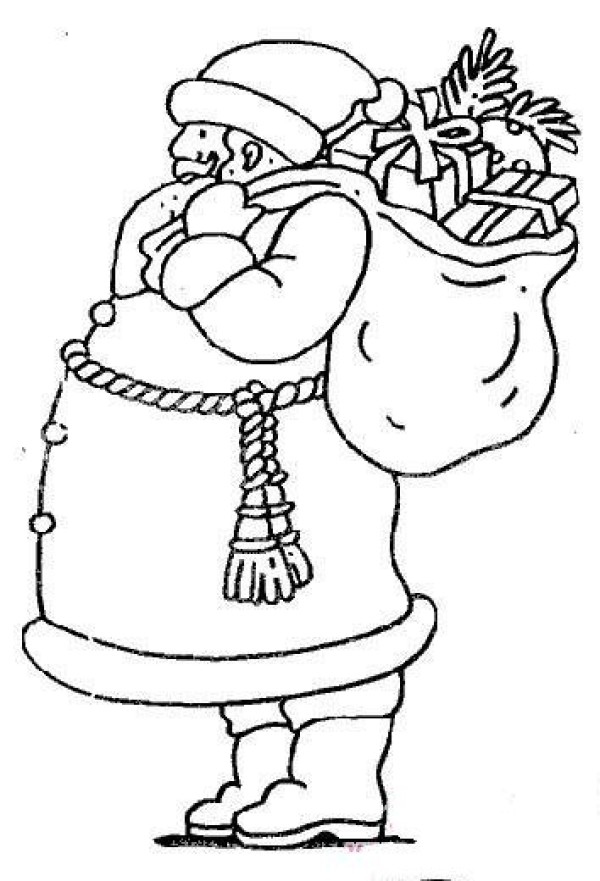 Simple drawings of childrens characters: Santa Claus carrying gifts