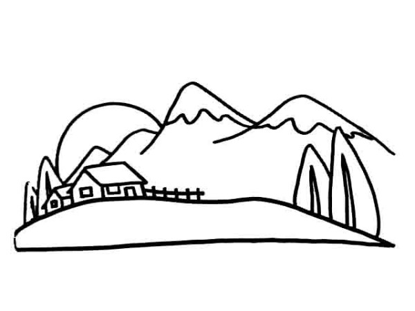 Simple drawing of house under the mountain