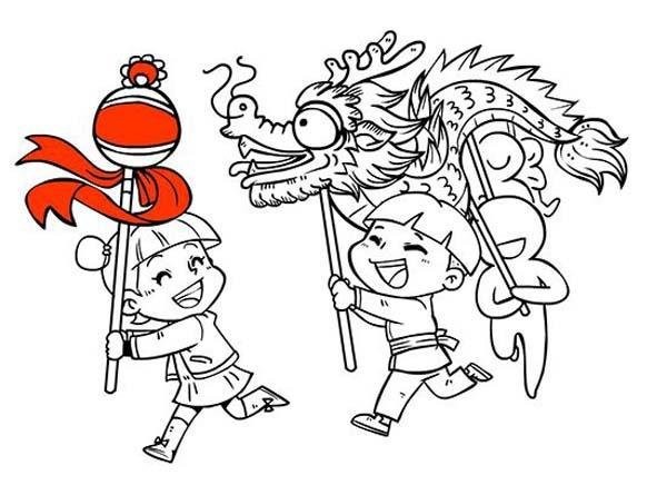 Childrens simple drawing pictures of Lantern Festival customs: dragon dance