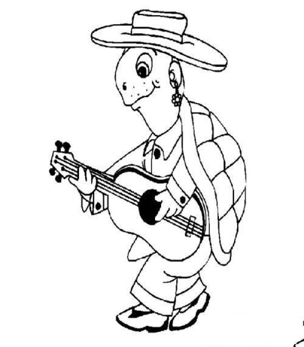 Cartoon character turtle simple drawing: Turtle playing guitar