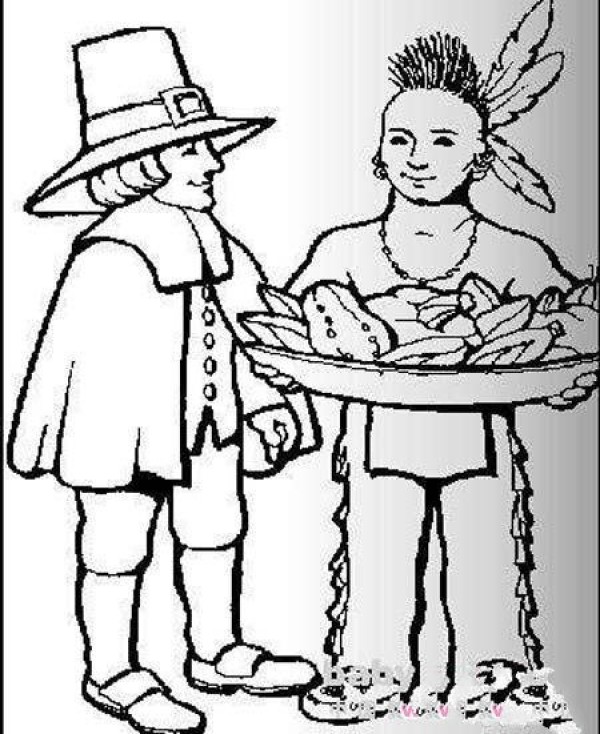 Simple drawing pictures of Thanksgiving scenes: European colonists and Indians