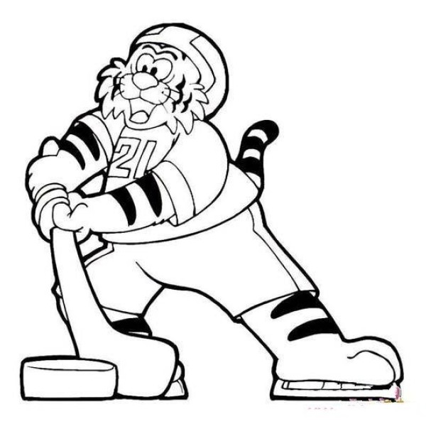 Cartoon tiger simple drawing: tiger playing ice hockey