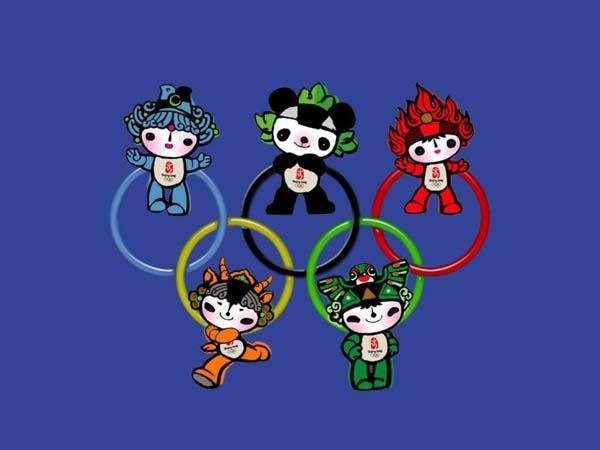 Simple drawing of colorful Olympic Fuwa dolls