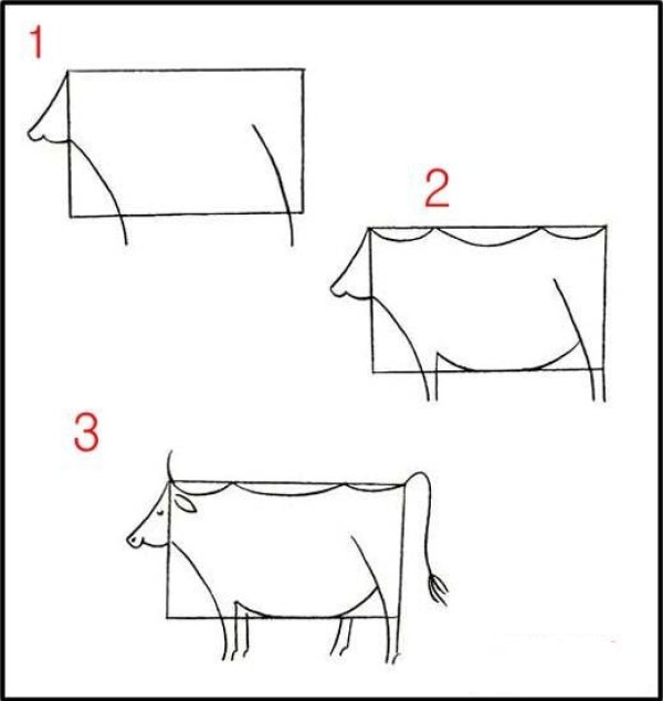 Steps to draw a cow in simple strokes