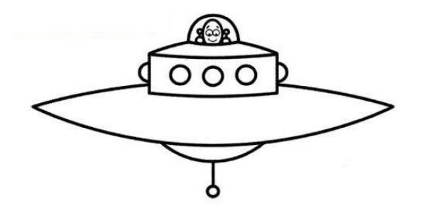 Alien sitting on a flying saucer simple drawing picture