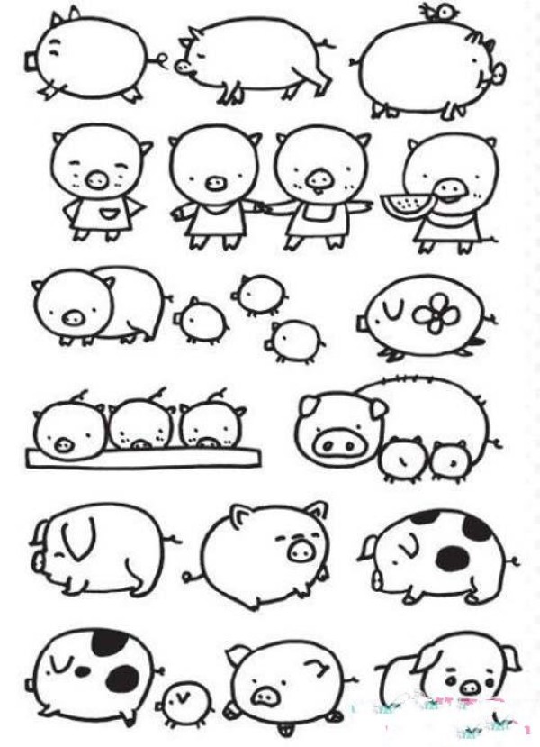 A complete collection of simple drawings of various pigs