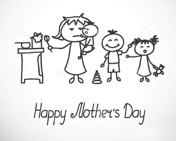 Simple drawing picture of Mothers Day greeting card: mother of three children